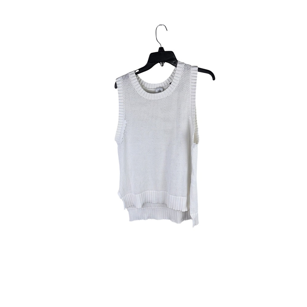 Cabi Womens White Open Mesh Knit Sleeveless Sweater Tank Top Large